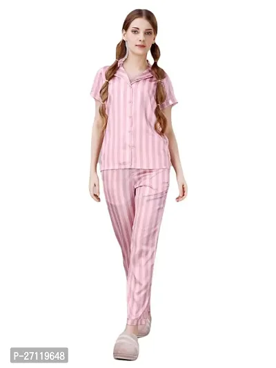 Elegant Pink Satin Striped Night Suits For Women