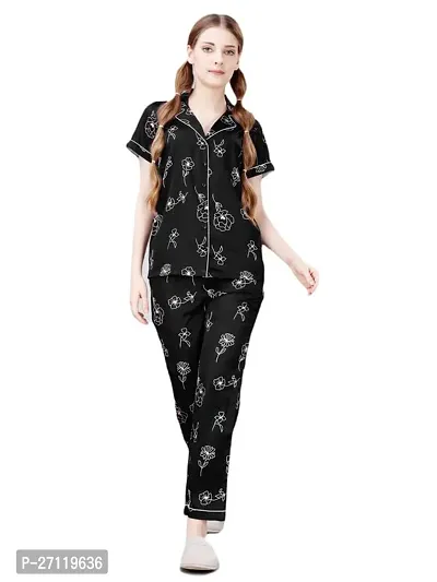 Elegant Black Satin Printed Night Suits For Women