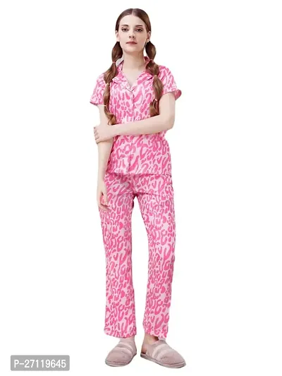 Elegant Pink Satin Printed Night Suits For Women