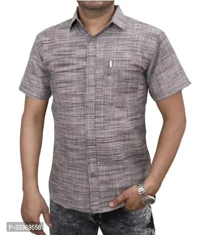 Stylish Grey Khadi Cotton Solid Short Sleeves Shirt For Men-thumb0