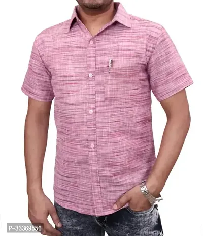 Stylish Pink Khadi Cotton Solid Short Sleeves Shirt For Men-thumb0