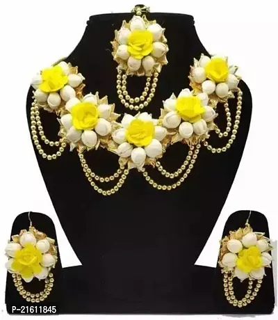 Stylish Yellow Fabric Pearl Jewellery Set For Women