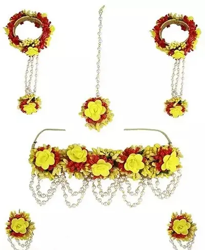 Anuradha Art Yellow-Red Colour Flower jewellery | Handmade Flower Necklace Set For Wedding|Mehandi|Haldi|Baby Shower