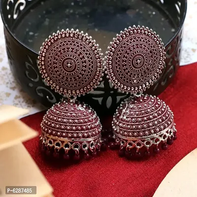 Big Size Ethnic Traditional Maroon Color Jhumka Earrings for Women and Girls