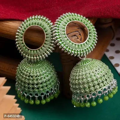 Traditional Ethnic Parrot Green Color Jhumka Earrings for Women and Girls.