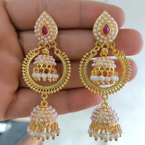 Bollywood Style Traditional Ethnic Long Pearl Jhumka Earrings for Women and Girls.