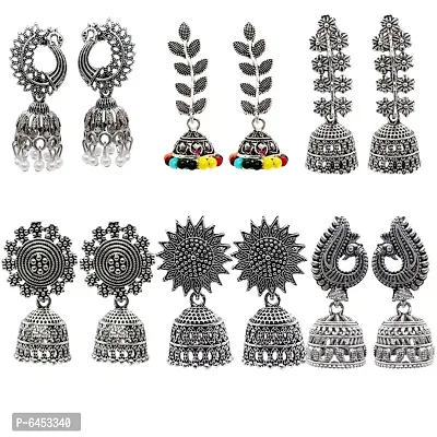 Bollywood Style Traditional Ethnic combo of 6 pair Silver Oxidized Earrings for Women and Girls.-thumb0