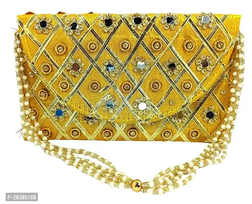 Shree Govindam Women's Silk Traditional Mirror Work Envelope Clutch Bag Purse Handbag for Bridal, Casual, Party, Wedding ( Yellow)