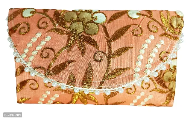 Shree govindam Silk Traditional Embroidery Envelope Clutch/Hand Purse Bag for Women/Girls  ( peach)