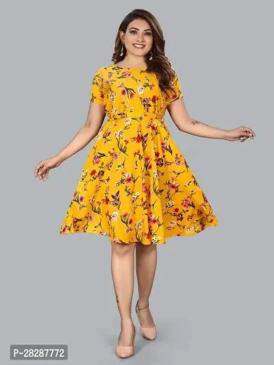 Stylish Yellow Chiffon Floral Printed  Dress For Women