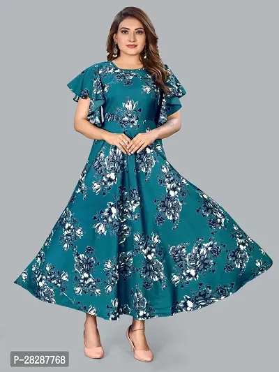 Stylish Blue Chiffon Floral Printed  Dress For Women