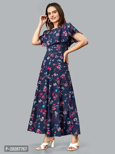 Stylish Navy Blue Chiffon Floral Printed  Dress For Women