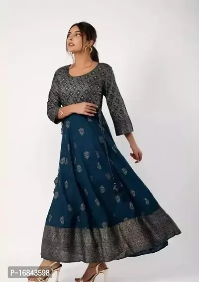 Beautiful Blue Rayon Printed A-Line Kurti For Women