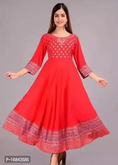 Beautiful Red Rayon Printed A-Line Kurti For Women-thumb0