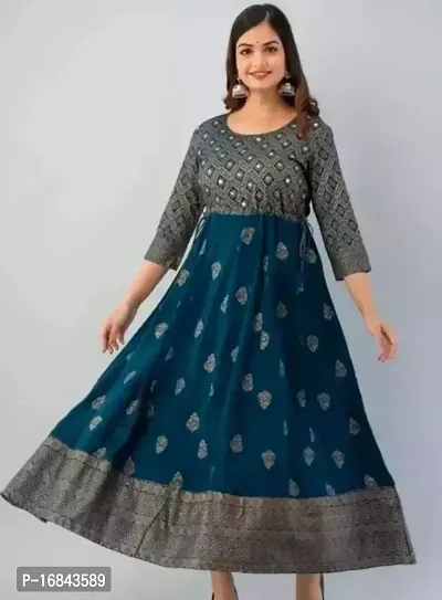 Beautiful Green Rayon Printed A-Line Kurti For Women