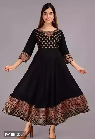 Beautiful Black Rayon Printed A-Line Kurti For Women-thumb0