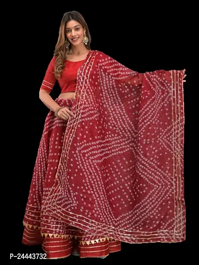 Parth Fashion Womens/Girls Traditional Bandhani Bandej Print Tye  Dye Kota Doria Ready to Wear Lehenga  Dupatta With Unstitched Blouse-thumb0