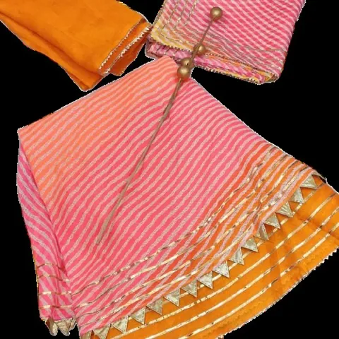 Parth Fashion Womens/Girls Traditional Leheriya Print Tye Dye Kota Doria Ready to Wear Lehenga Dupatta With Unstitched Blouse