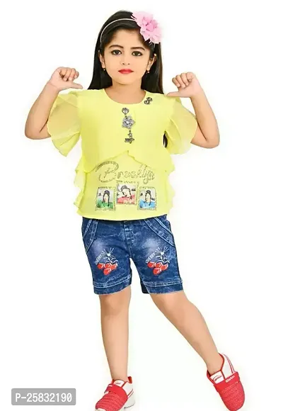 Fabulous Yellow Cotton Blend Printed Top With Bottom For Girls-thumb0