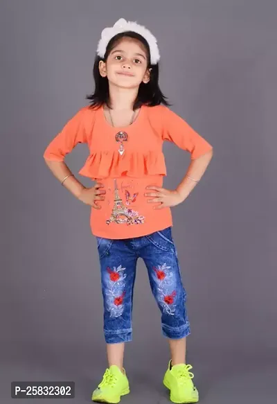 Fabulous Orange Cotton Blend Printed Top With Bottom For Girls-thumb0