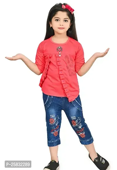 Fabulous Red Cotton Blend Printed Top With Bottom For Girls-thumb0