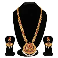 Vareeca Exquisite Traditional Copper South Indian Gold Plated Ruby Green Long Haram Jewellery Necklace Set for Women-thumb2