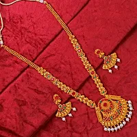 Vareeca Exquisite Traditional Copper South Indian Gold Plated Ruby Green Long Haram Jewellery Necklace Set for Women-thumb1