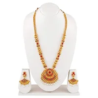 Vareeca Exquisite Traditional Copper South Indian Gold Plated Ruby Green Long Haram Jewellery Necklace Set for Women-thumb3
