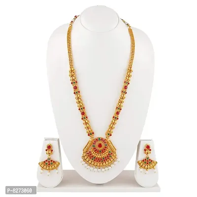 Vareeca Exquisite Traditional Copper South Indian Gold Plated Ruby Green Long Haram Jewellery Necklace Set for Women-thumb4