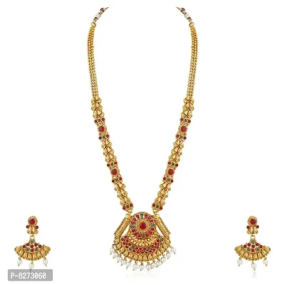 Vareeca Exquisite Traditional Copper South Indian Gold Plated Ruby Green Long Haram Jewellery Necklace Set for Women-thumb0