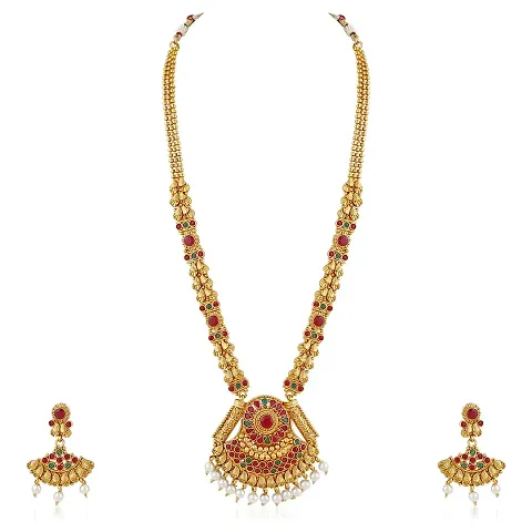 Vareeca Exquisite Traditional Copper South Indian Gold Plated Ruby Green Long Haram Jewellery Necklace Set for Women