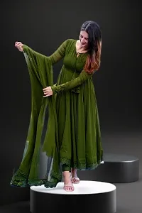 Stylish Green Georgette Stitched Gown With Dupatta For Women-thumb1