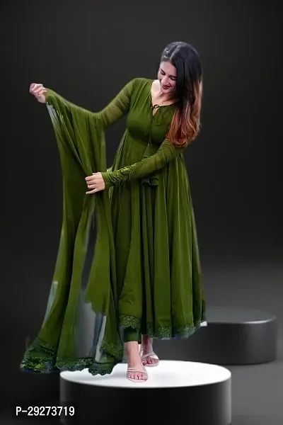 Stylish Green Georgette Stitched Gown With Dupatta For Women-thumb2