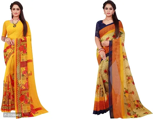 Stylish Yellow Georgette Saree With Blouse Piece For Women Pack Of 2-thumb0