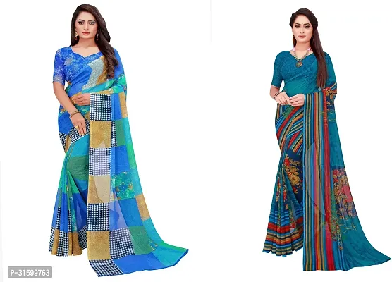 Stylish Blue Georgette Saree With Blouse Piece For Women Pack Of 2-thumb0