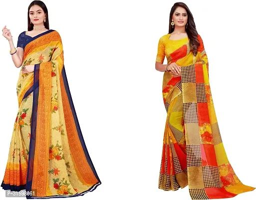 Stylish Yellow Georgette Saree With Blouse Piece For Women Pack Of 2-thumb0