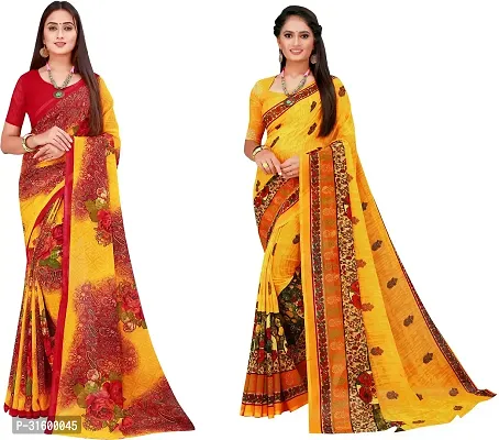 Stylish Yellow Georgette Saree With Blouse Piece For Women Pack Of 2-thumb0