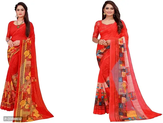 Stylish Red Georgette Saree With Blouse Piece For Women Pack Of 2-thumb0