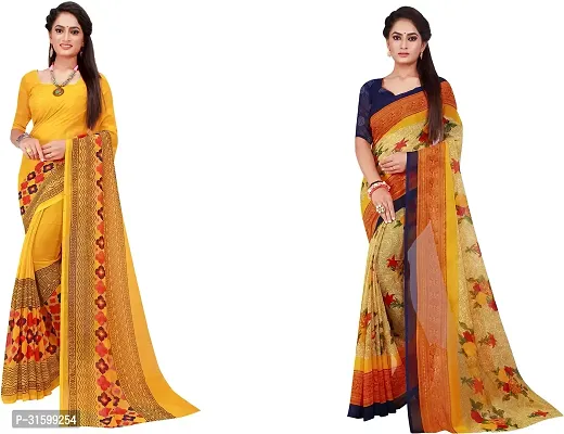 Stylish Yellow Georgette Saree With Blouse Piece For Women Pack Of 2-thumb0