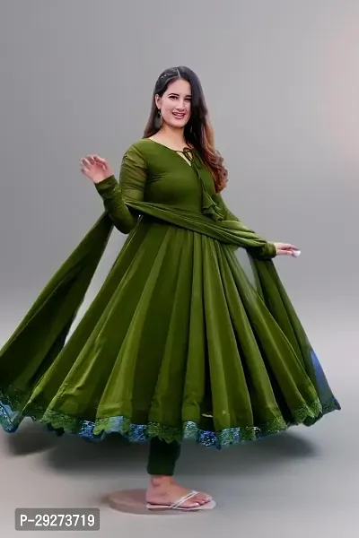 Stylish Green Georgette Stitched Gown With Dupatta For Women-thumb0