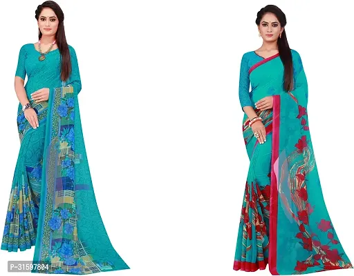 Stylish Blue Georgette Saree With Blouse Piece For Women Pack Of 2-thumb0