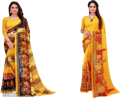 Stylish Yellow Georgette Saree With Blouse Piece For Women Pack Of 2-thumb0