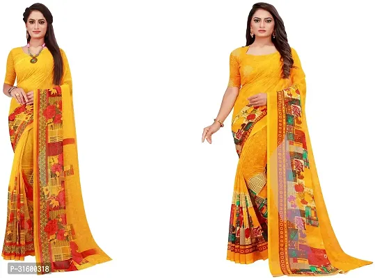 Stylish Yellow Georgette Saree With Blouse Piece For Women Pack Of 2-thumb0