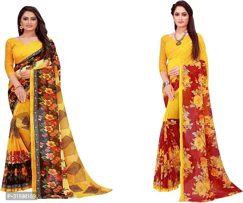 Stylish Yellow Georgette Saree With Blouse Piece For Women Pack Of 2-thumb0