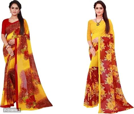 Stylish Yellow Georgette Saree With Blouse Piece For Women Pack Of 2-thumb0