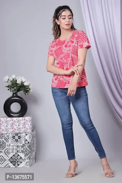 Red printed cotton top for women-thumb0