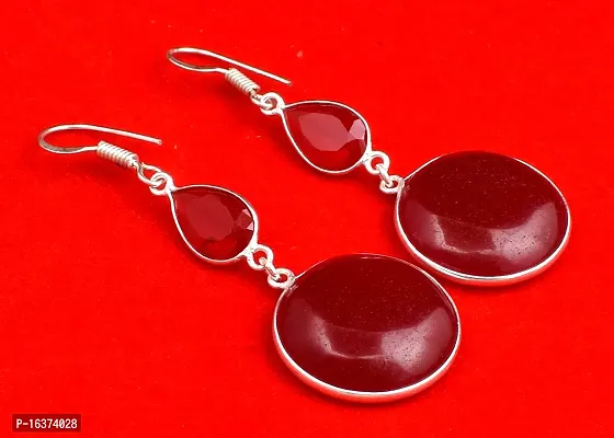 Rhodium Polished Silver Plated Handmade Round Shape Red Ruby Gemstone Earrings-thumb0