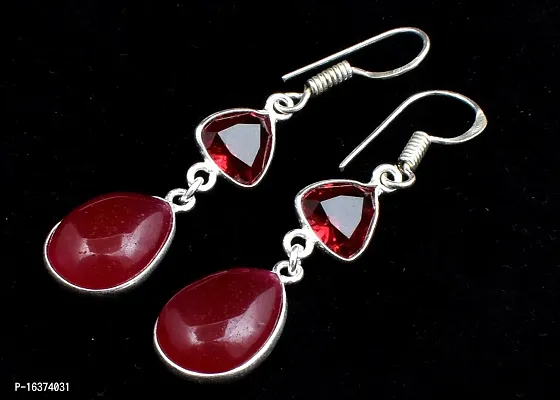 Rhodium Polished Silver Plated Handmade Pear Shape Red Ruby Gemstone Earrings