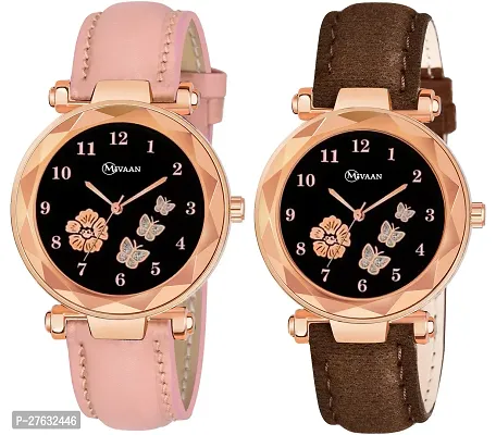 Pack Of 2 Printed Black Dial And Leather Strap Watch For Girls