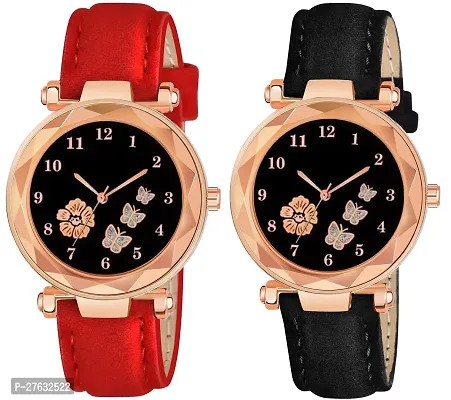 Pack Of 2 Printed Black Dial And Leather Strap Watch For Girls